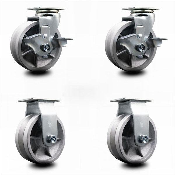 Service Caster 5 Inch V-Groove Semi Steel Caster Set with Roller Bearings 2 Brakes 2 Rigid SCC SCC-20S520-VGR-TLB-2-R-2 - main